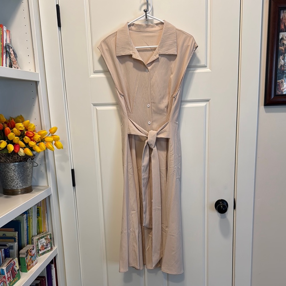 Beige Button-Up Midi Dress